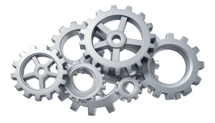 Group of interlocked metallic gears arranged on a black background, showing detail