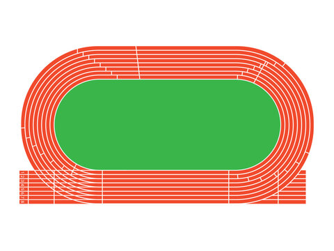 Top view vector illustration of an athletics stadium with an oval running track and green infield. Clean flat sports arena layout isolated on white for event posters, diagrams, maps, and infographic 