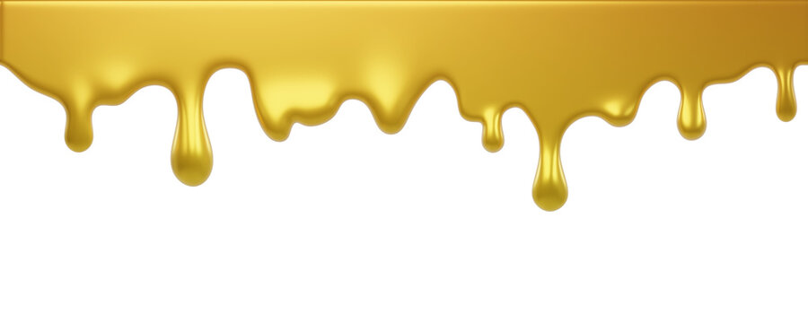 Shiny gold paint or liquid drip border with glossy metallic texture flowing down from the top, isolated on transparent background. Luxury fluid frame for banners, packaging, cosmetics, and premium 