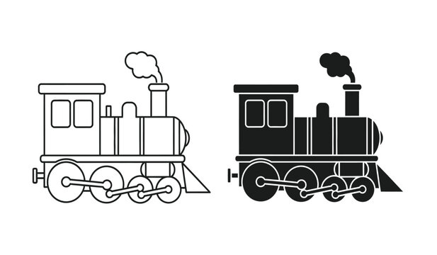 Black and white steam locomotive train engine with smoke coming out of the chimney