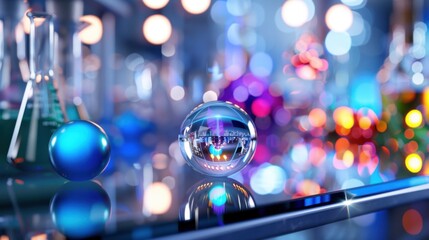 Naklejka premium Colorful Laboratory Scene with Glass Spheres and Blurred Bokeh Lights Creating a Captivating Atmosphere