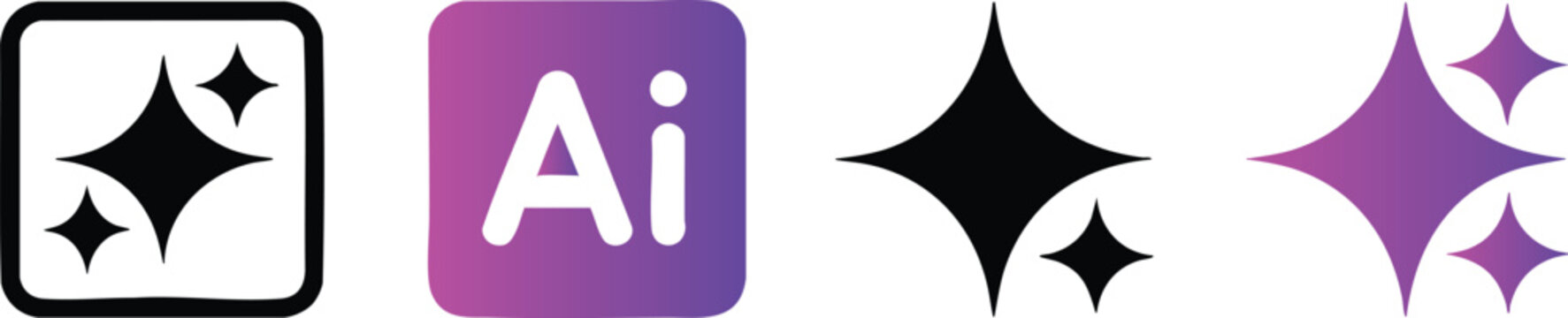 Creative Software and Sparkle Icon Set, Digital Design Tool and Magic Effect Graphics, Adobe Illustrator Inspired AI and Sparkle Symbols, Minimalist Graphic Design and Creativity Pictograms.