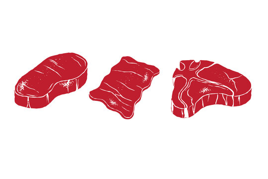 Vintage raw meat cuts vector illustration set, different steak and beef slice shapes in silhouette textured retro ink details style, butcher shop logo design isolated on white background