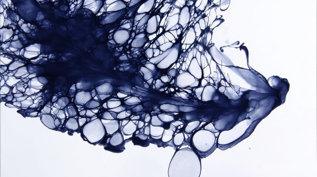Deep indigo ink drop diffusion, organic spiderweb patterns created by paper fibers, high contrast macro