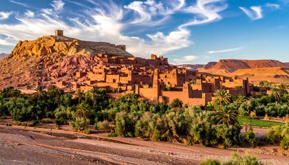Ancient desert city with palm trees and mountains