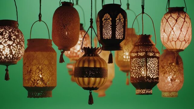 A diverse collection of colorful, intricately designed hanging lanterns with illuminated patterns against a green background