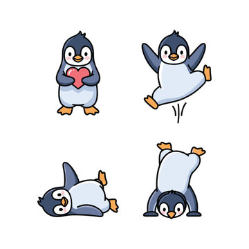 Penguin cartoon characters in different poses on white background