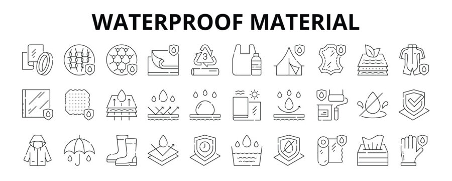 30 Waterproof Material Line Icons Vector - Rubber, Polyester, Silicone, Latex, Hydrophobic, Durable, Polyvinyl
