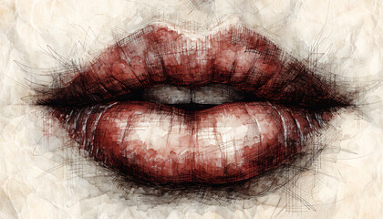 Obraz premium Close-up watercolor painting of sensual female lips with dark makeup and textured skin art