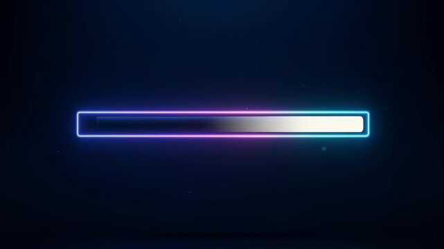 A neon loading bar with a glowing white and purple gradient, set against a dark background, indicating progress or waiting