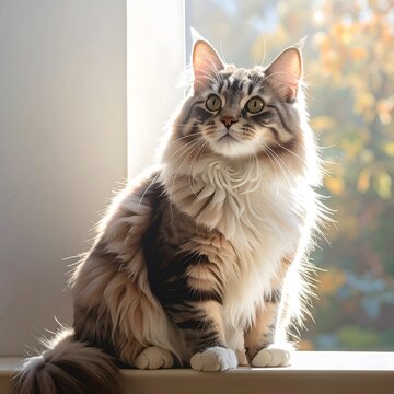 Gato dom&eacute;stico de pelo largo sentado junto a ventana con luz natural