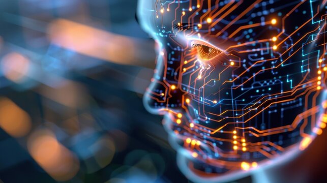 Human-like face with glowing circuit patterns symbolizing the fusion of technology and human emotion in a digital age