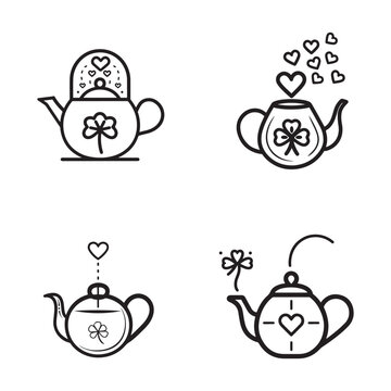 Whimsical tea party illustrations with teapots and hearts