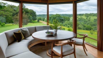 Modern Interior Design with Cozy Round Table and Scenic View of Lush Green Landscape from Windows