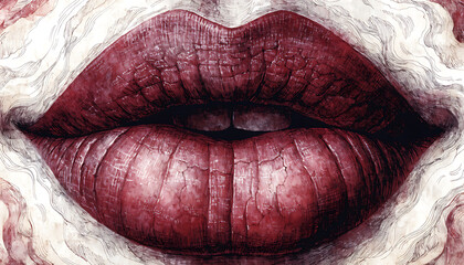 Obraz premium Close-up hyper-realistic dark purple lips with glossy texture on vintage lace background beauty makeup
