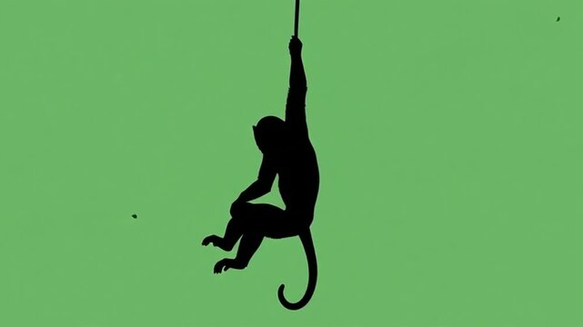 Monkey swinging from rope against green background