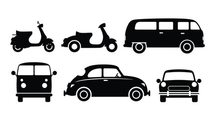 Black silhouettes of vintage vehicles including scooters cars and vans