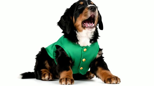 Bernese Mountain Dog puppy in a green vest yawns widely on white, perfect for St. Patrick's Day promotions, pet care advertisements, adorable animal content, and charming social media posts.