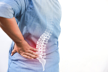 Mature Asian man suffering from back pain with red x-ray spine bone graphic overlay, male holding...
