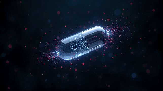 Futuristic digital medicine capsule pill with glowing particles representing biotech and pharmacy.