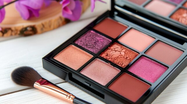 Beautiful makeup palette with vibrant colors and a makeup brush beside flowers on a white wooden table