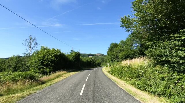 Empty country road winding through lush green forest under a clear blue sky in the Morvan region of France. Peaceful summer landscape ideal for travel and nature concepts.