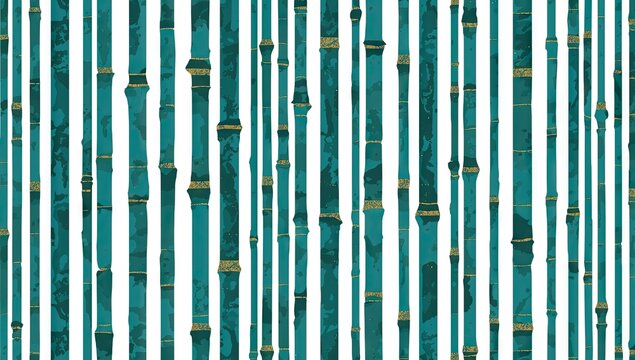 Illustration of a vertical pattern of teal and gold bamboo stalks on a white background