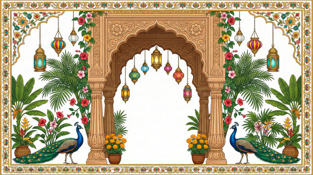 Decorative Mughal Arch Frame With Hanging Lanterns Peacock And Tropical Floral Garden For Royal Wedding Invitation Background, Traditional Indian Ornamental Border Isolated On White, Elegant Vintage V