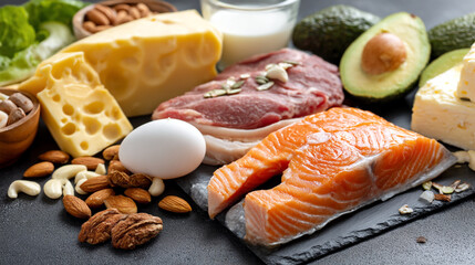 A selection of healthy food including fish meat eggs cheese and vegetables on a table