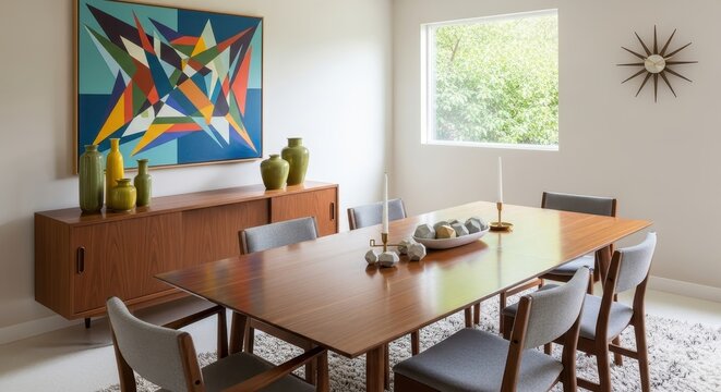 Mid-Century Modern Dining Room with Abstract Art and Natural Light.