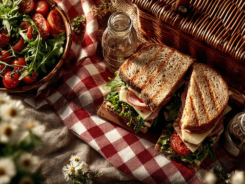 A sun-dappled picnic scene on a red gingham blanket features grilled panini sandwiches, a fresh arugula-tomato salad, glass bottles, and a wicker picnic basket, accented by white wildflowers.