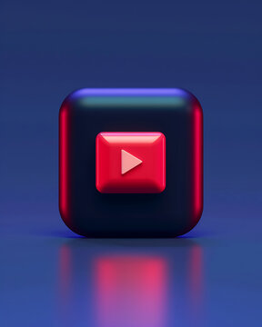 A 3D play button icon on a blue background with a red glow