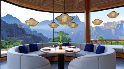 Modern dining area with panoramic mountain view in serene and contemporary architectural design