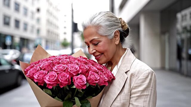 Elderly woman with gray hair in a bun smiling happily as she holds a large bouquet of vibrant pink roses, outdoors in an urban setting