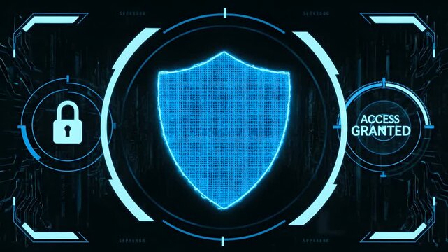 Digital shield icon with 'ACCESS GRANTED' text on a futuristic UI, representing cybersecurity, data protection, secure access, network security, and privacy authentication for technology solutions.
