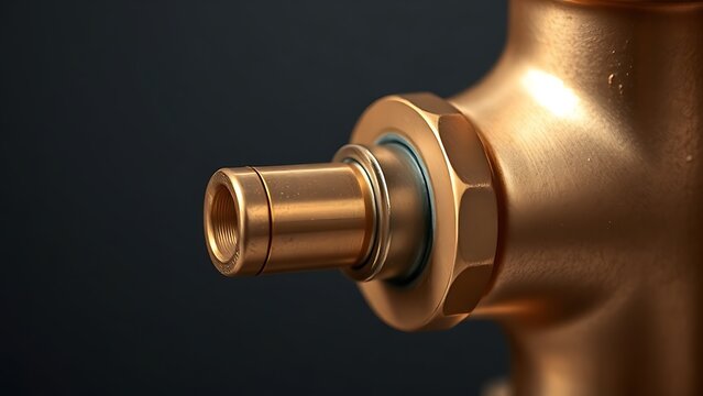 flippant. Close-up of a shiny brass joint connecting two copper pipes. safety posters, maintenance manuals, designed for industrial assembly lines and welding operations, used by engineers.