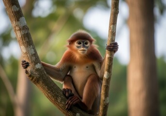 Fototapeta premium Young Javan gibbon swinging through tropical rainforest canopy in Indonesia. Rare and endangered primate captured in natural habitat, symbolizing forest conservation and biodiversity protection
