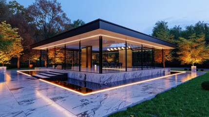 Obraz premium Modern architectural design of a sleek glass house surrounded by vibrant autumn foliage at dusk