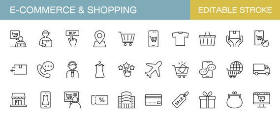 ECサイトやオンラインショッピングのアイコンセット（線幅変更可能）