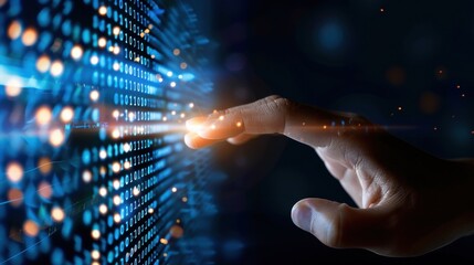 Human Finger Touching Digital Binary Code Data with Glowing Particles in Dark Background