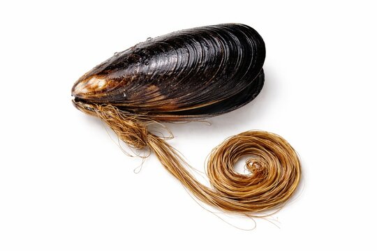 Fresh black shell mussel with byssal threads coiled into neat spiral beside shell top down macro focus stacking studio photo