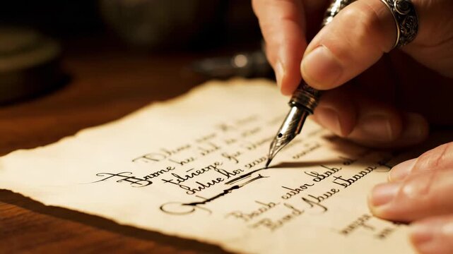 Close-up of a hand writing with a fountain pen on old paper.