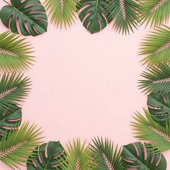 Lush green tropical foliage frames a pale pink background surface