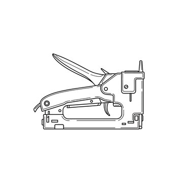 Industrial staple gun vector illustration, heavy duty manual upholstery stapler line art, professional construction hand tool for carpentry and diy