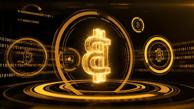 Glowing Bitcoin cryptocurrency symbols rotate with binary code background, representing secure blockchain technology and global digital finance. Perfect for FinTech, investment platforms,