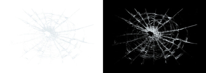 Fototapeta premium Cracked glass shattered window pane on black and white backgrounds