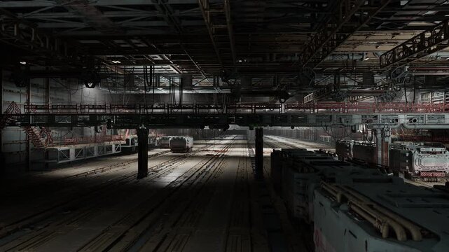 subdued transit depot at dusk with distant lamps and guarded perimeter, empty service tracks and parked trains create quiet vigilance mood, security signage