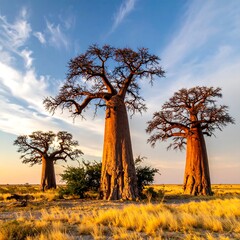 Obraz premium Three large trees with thick trunks and branches stand in a field