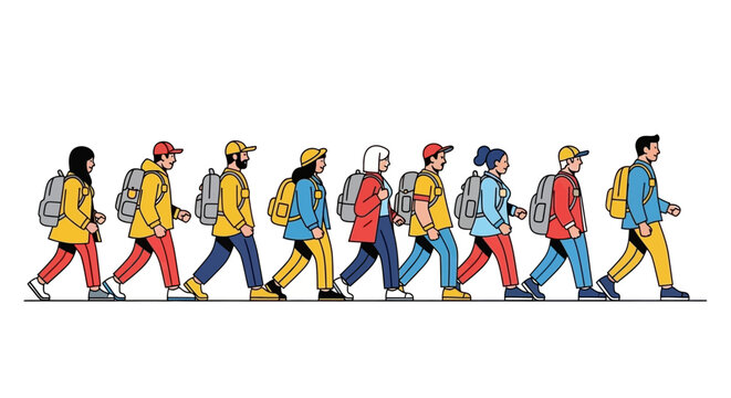 A diverse group of people with backpacks walking in a line, suggesting a journey or expedition.