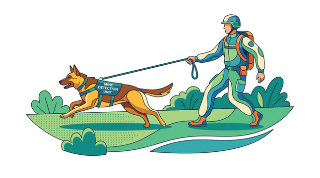 Military K9 Team: Soldier and Mine Detection Dog Walking, Searching Ground for Demining Security. Vibrant Flat Line Art Vector Illustration with Green and Blue Hues, Isolated.